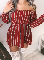 Sexy Striped Off Shoulder Long Sleeve Loose Mini Dress