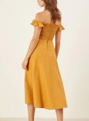 Sexy Off The Shoulder Single-Breasted Solid Color Ruffle Maxi Dress