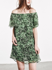 Chiffon Floral Print Off Shoulder Short Sleeve Loose A-line Midi Dress