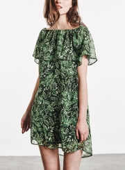 Chiffon Floral Print Off Shoulder Short Sleeve Loose A-line Midi Dress