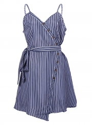 Summer Striped Spaghetti Strap V Neck Backless Button Dress