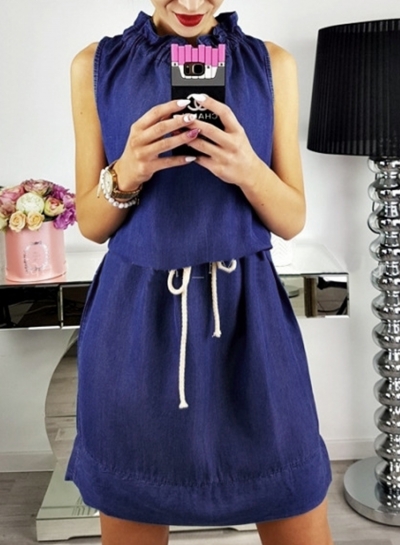 Casual Sleeveless Round Neck Waist Tie Solid Color Pullover Dress