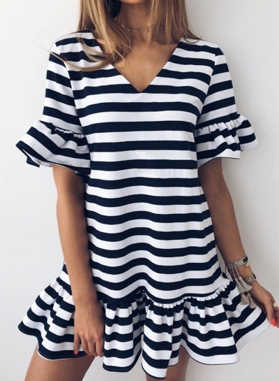 Striped V Neck Flounce Sleeve Loose Ruffle Mini Dress LEXELFASHIONINTSHOPS.com