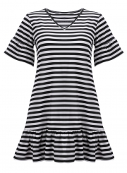 Striped V Neck Flounce Sleeve Loose Ruffle Mini Dress