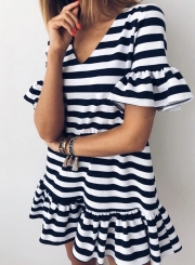 Striped V Neck Flounce Sleeve Loose Ruffle Mini Dress