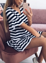 Striped V Neck Flounce Sleeve Loose Ruffle Mini Dress