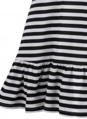 Striped V Neck Flounce Sleeve Loose Ruffle Mini Dress