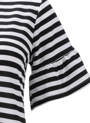Striped V Neck Flounce Sleeve Loose Ruffle Mini Dress