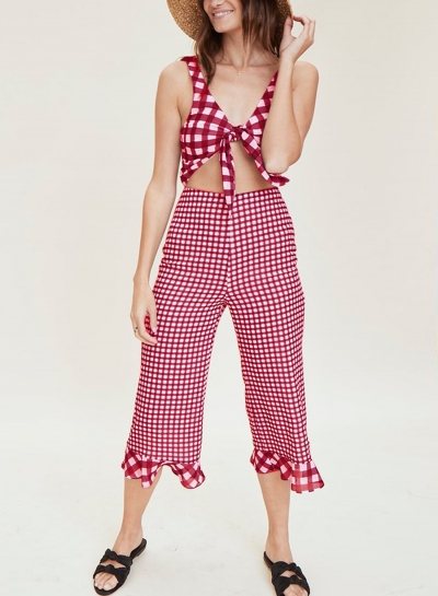 V Neck Sleeveless Backless Bow Tie Wide Leg Plaid Jumpsuit YOUYOUFASHIONEC.com