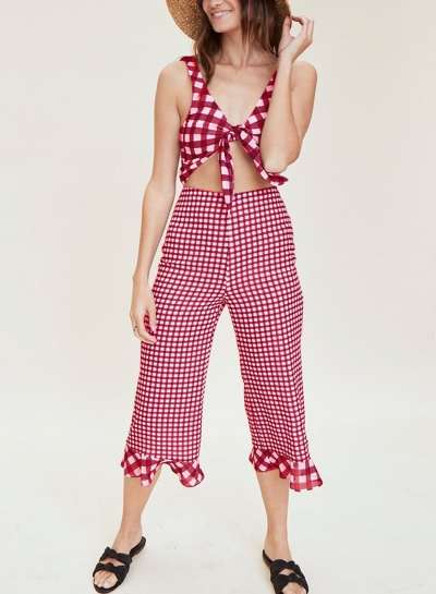V Neck Sleeveless Backless Bow Tie Wide Leg Plaid Jumpsuit
