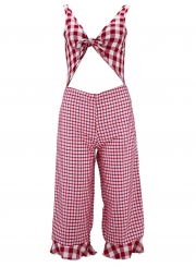 V Neck Sleeveless Backless Bow Tie Wide Leg Plaid Jumpsuit