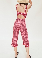 V Neck Sleeveless Backless Bow Tie Wide Leg Plaid Jumpsuit