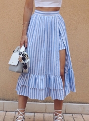 Casual Striped High Waist Irregular Ruffle Slit A-line Skirt