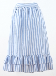 Casual Striped High Waist Irregular Ruffle Slit A-line Skirt