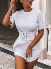 Slim Short Sleeve Round Neck Lace-Up Solid Tee Dress