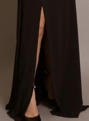 Sexy Rushed One Shoulder Slit Solid Color Asymmetric Maxi Dress