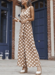 Sleeveless Round Neck Wide Leg Polka Dot Jumpsuit