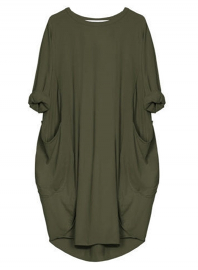 Solid Oversized Round Neck Long Sleeve Loose Pockets Dress YOUYOUFASHIONEC.com