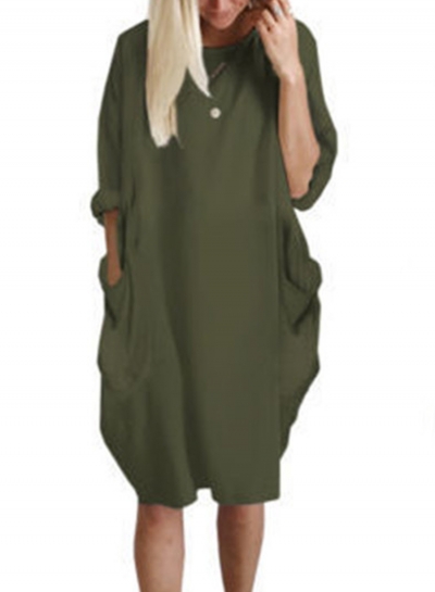 Solid Oversized Round Neck Long Sleeve Loose Pockets Dress LZDINTECOMMERCE.com