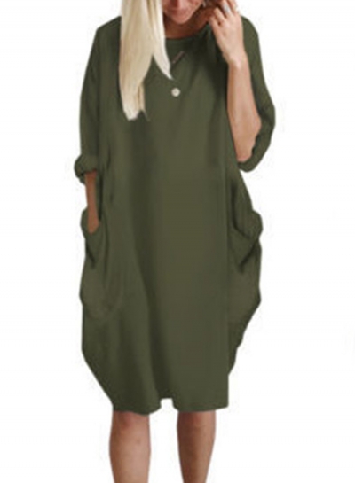 Solid Oversized Round Neck Long Sleeve Loose Pockets Dress STYLESIMO.com
