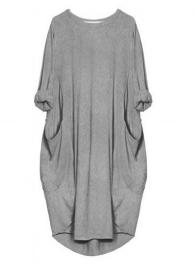 Solid Oversized Round Neck Long Sleeve Loose Pockets Dress STYLESIMO.com
