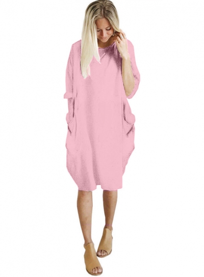 Solid Oversized Round Neck Long Sleeve Loose Pockets Dress LZDINTECOMMERCE.com