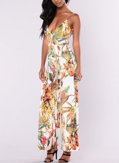 Summer Floral Printed Spaghetti Strap V Neck Wide Leg Jumpsuit YOUYOUFASHIONEC.com