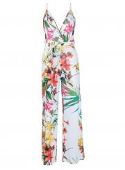 Summer Floral Printed Spaghetti Strap V Neck Wide Leg Jumpsuit