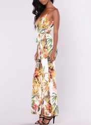 Summer Floral Printed Spaghetti Strap V Neck Wide Leg Jumpsuit