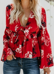 Casual Floral Print V Neck Flare Sleeve Bow Tie Loose Blouse