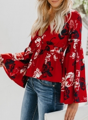 Casual Floral Print V Neck Flare Sleeve Bow Tie Loose Blouse