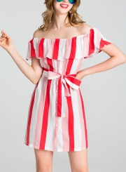 Summer Striped Off The Shoulder Bow Tie Button Down A-line Mini Dress