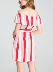 Summer Striped Off The Shoulder Bow Tie Button Down A-line Mini Dress