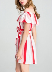 Summer Striped Off The Shoulder Bow Tie Button Down A-line Mini Dress