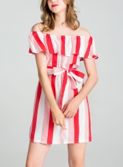 Summer Striped Off The Shoulder Bow Tie Button Down A-line Mini Dress