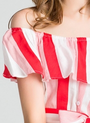 Summer Striped Off The Shoulder Bow Tie Button Down A-line Mini Dress