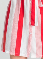 Summer Striped Off The Shoulder Bow Tie Button Down A-line Mini Dress