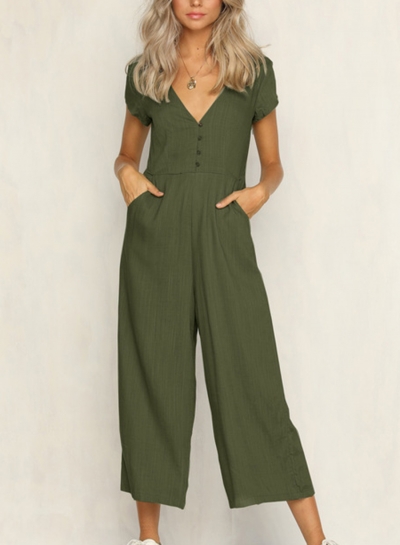 Casual Short Sleeve V Neck Front Buttons Wide Leg Jumpsuit With Pockets YOUYOUFASHIONEC.com