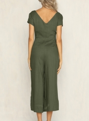 Casual Short Sleeve V Neck Front Buttons Wide Leg Jumpsuit With Pockets