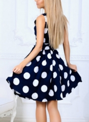 Sleeveless Round Neck Polka Dot Swing Mini Dress With Belt