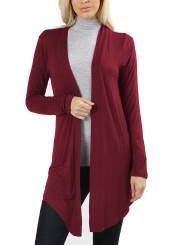 Casual Long Sleeve Open Front Solid Color Long Cardigan