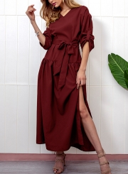 Burgundy V Neck Long Sleeve Bow Tie Slit Loose Dress