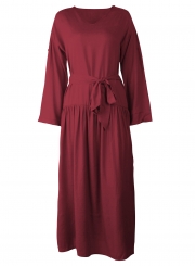 Burgundy V Neck Long Sleeve Bow Tie Slit Loose Dress