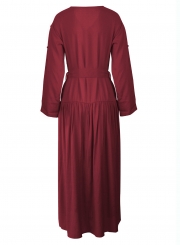 Burgundy V Neck Long Sleeve Bow Tie Slit Loose Dress