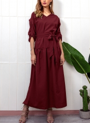 Burgundy V Neck Long Sleeve Bow Tie Slit Loose Dress