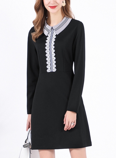 Casual Lace Turn-Down Collar Long Sleeve Slim A-line Dress