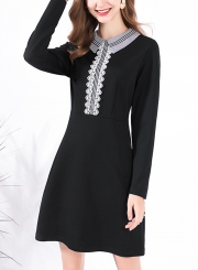 Casual Lace Turn-Down Collar Long Sleeve Slim A-line Dress