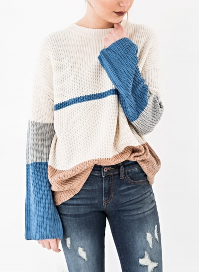 Colorful Long Sleeve Round Neck Loose Pullover Sweater YOUYOUFASHIONEC.com