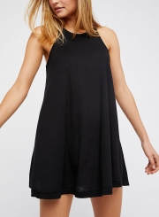 Black Summer Concise Loose Solid Sleeveless Round Neck A-line Mini Dress