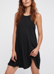 Black Summer Concise Loose Solid Sleeveless Round Neck A-line Mini Dress